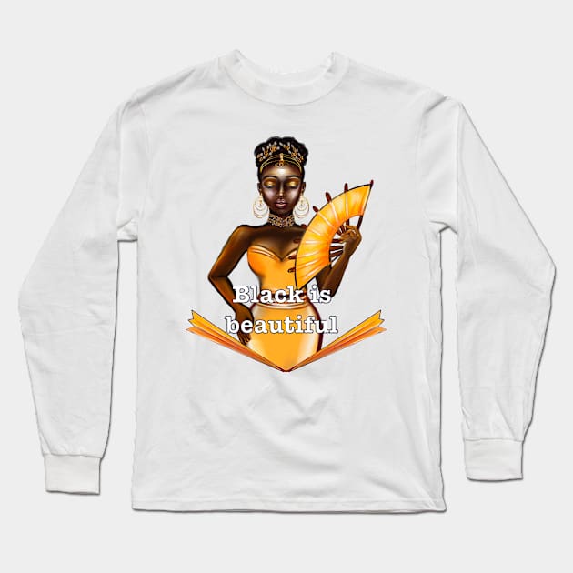 Queen Black is beautiful text - black girl with Gold earrings, necklace,  tiara, dress and fan with dark brown skin ! Long Sleeve T-Shirt by Artonmytee